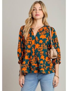 Umgee Orange Floral Blouse on Teal Green Base